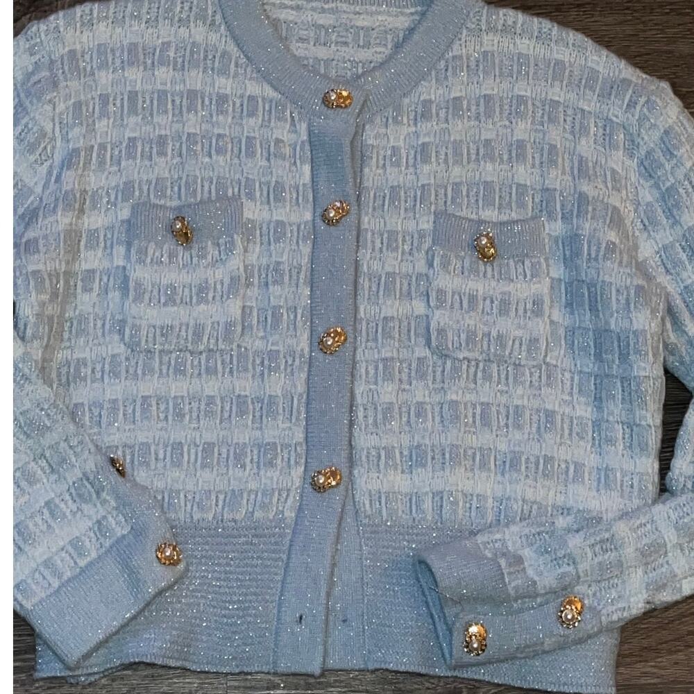 Textured Cardigan Sweater Gold Pearl Buttons Size L (320)